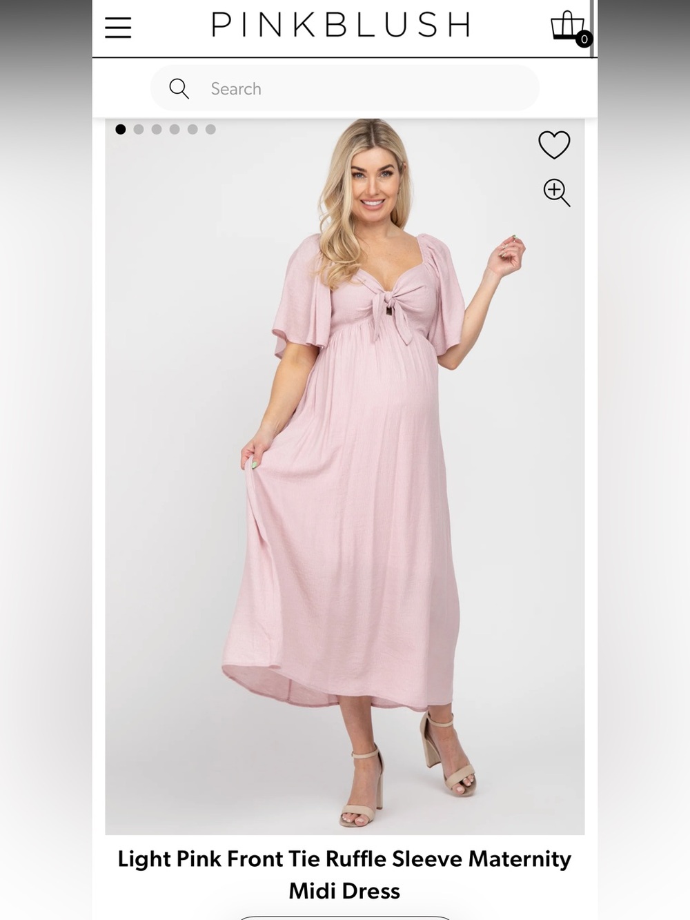 Pink Blush Maternity Light Pink Front Tie Ruffle Sleeve Midi Dress Baby Shower